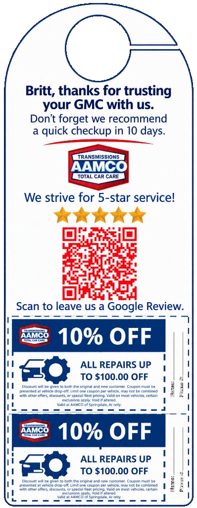 Pickup hanging tag with a thank-you, a Google review code, and a discount for the next visit