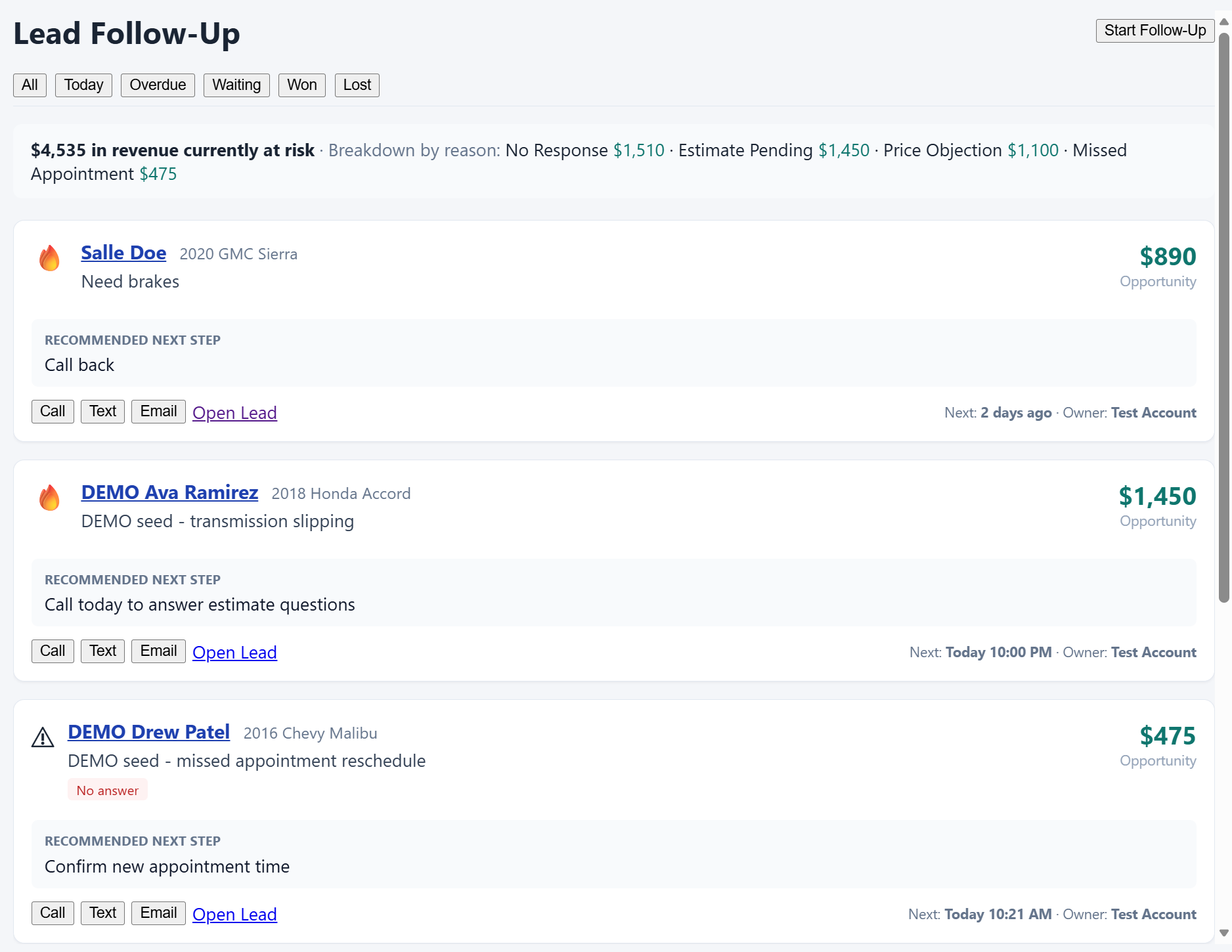 Lead follow-up queue showing revenue at risk, the reason each lead stalled, and a recommended next step