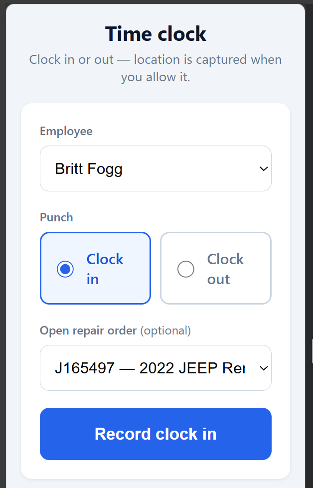 ShopOps timeclock for clocking in on a repair order